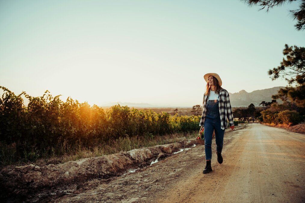 A woman holding a basket of vegetables walks down a dirt road beside a field.